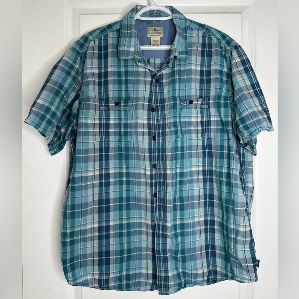 LL Bean Men's Size Large Rugged Linen Blend Plaid Short-Sleeve Shirt Blue Green